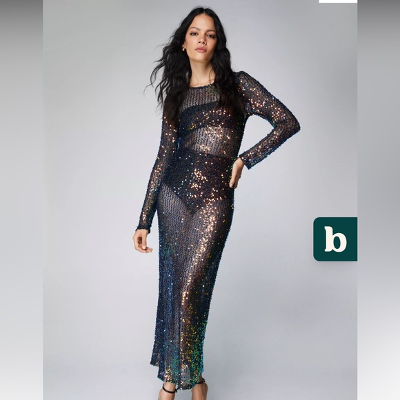 Sequin Sheer Long Sleeve Maxi Dress - Picture 1 of 4